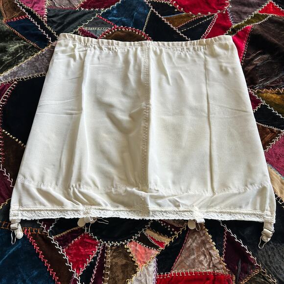 Vintage 50s High Waist Peek-a-Boo Mesh Girdle Skirt + Metal Garter Clips - Picture 4 of 6